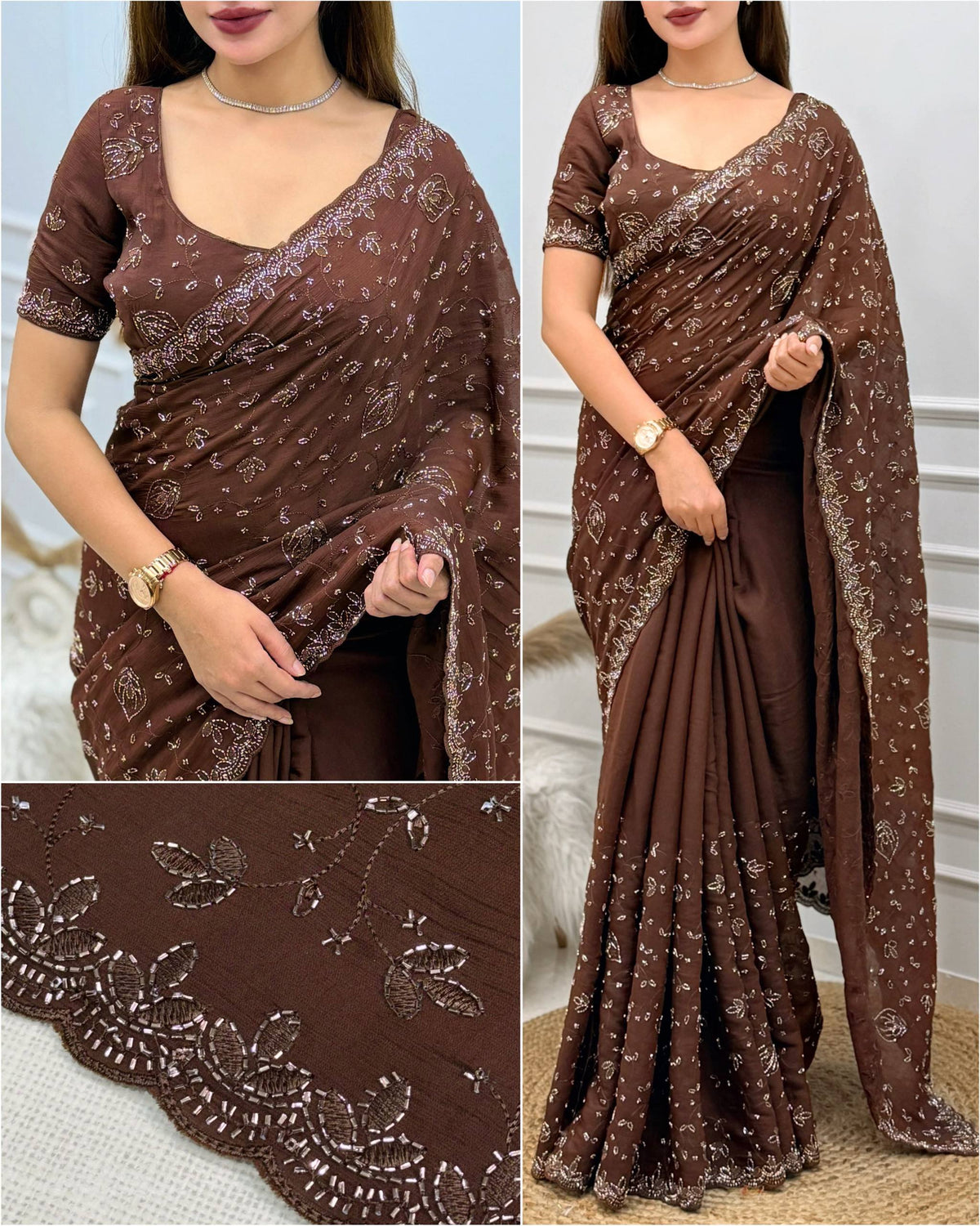 Chocolate Brown Fendy Satin Sequins Beads Embroidered Saree with Blouse