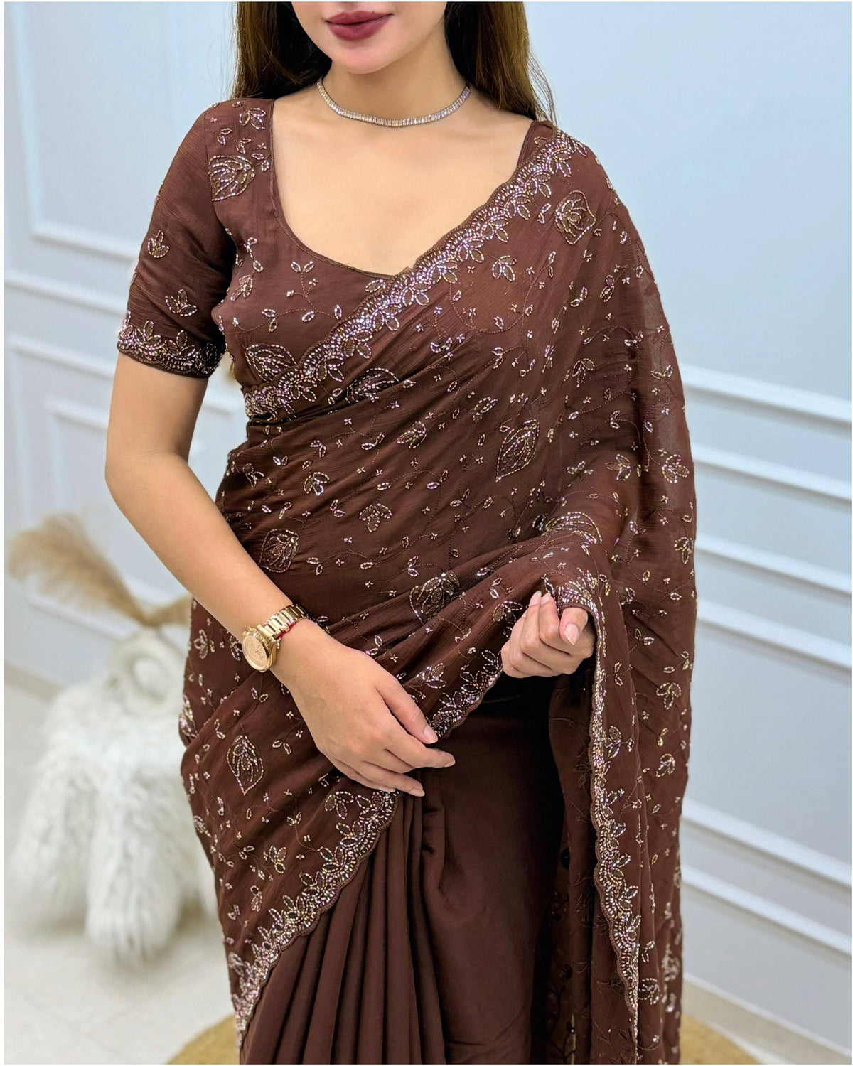 Chocolate Brown Fendy Satin Sequins Beads Embroidered Saree with Blouse