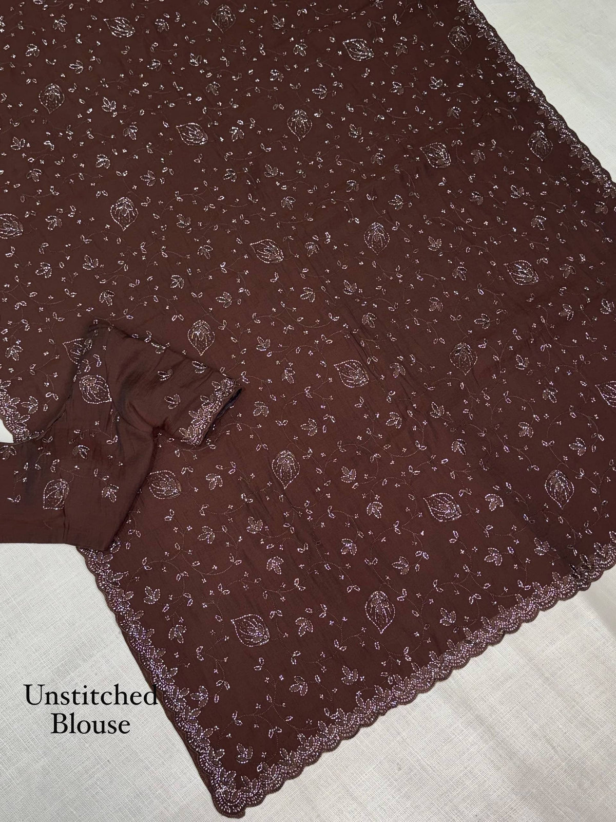 Chocolate Brown Fendy Satin Sequins Beads Embroidered Saree with Blouse