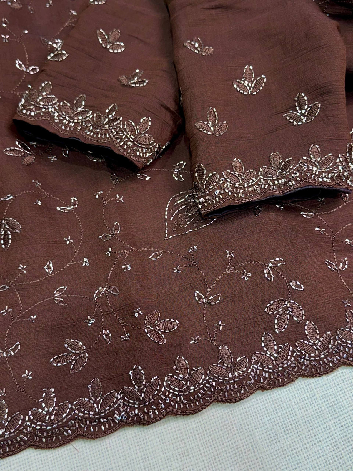 Chocolate Brown Fendy Satin Sequins Beads Embroidered Saree with Blouse