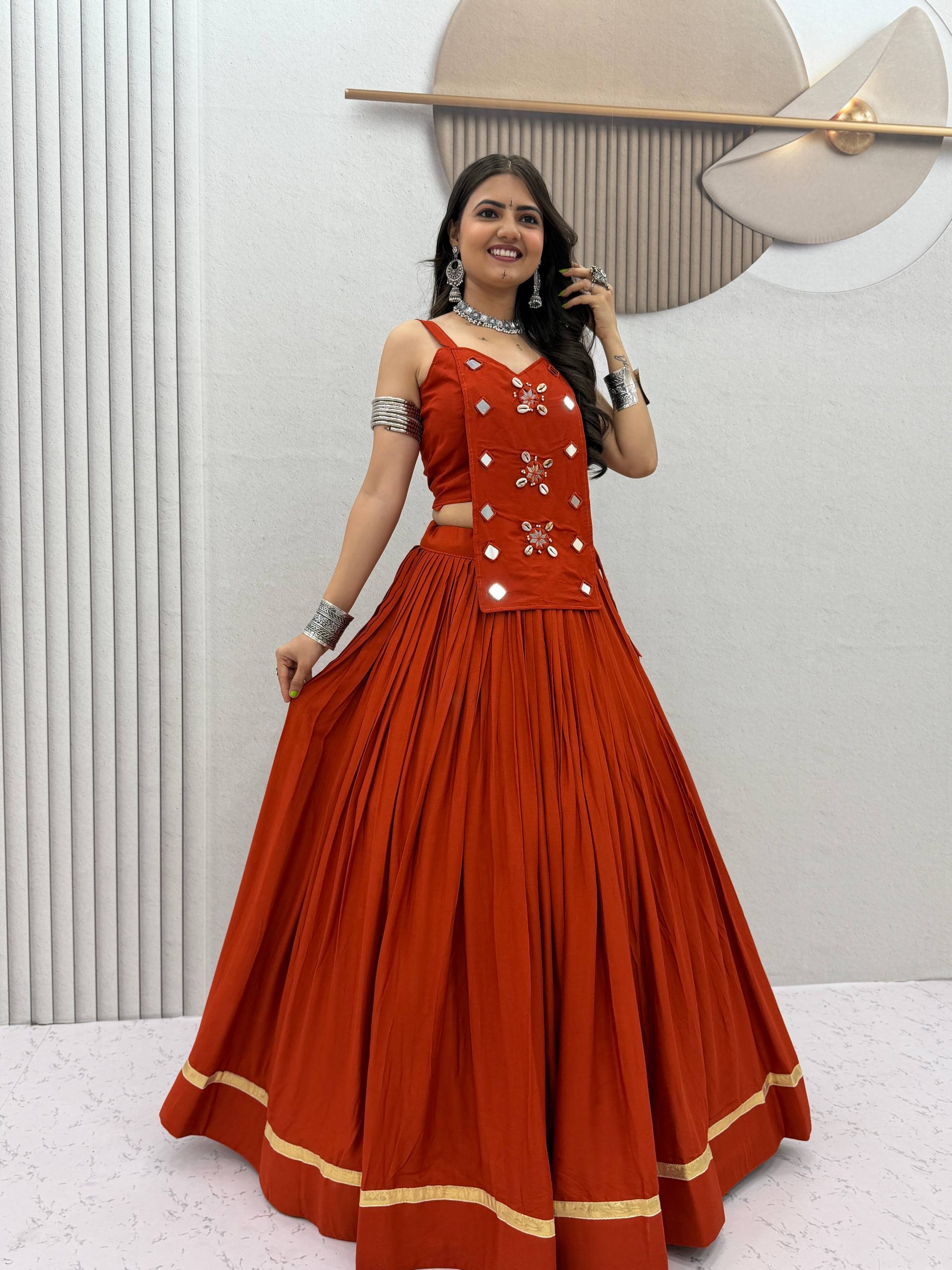 Rust Red Pure Cotton Mirror Work Lehenga Choli Set with 6+ Meter Flair