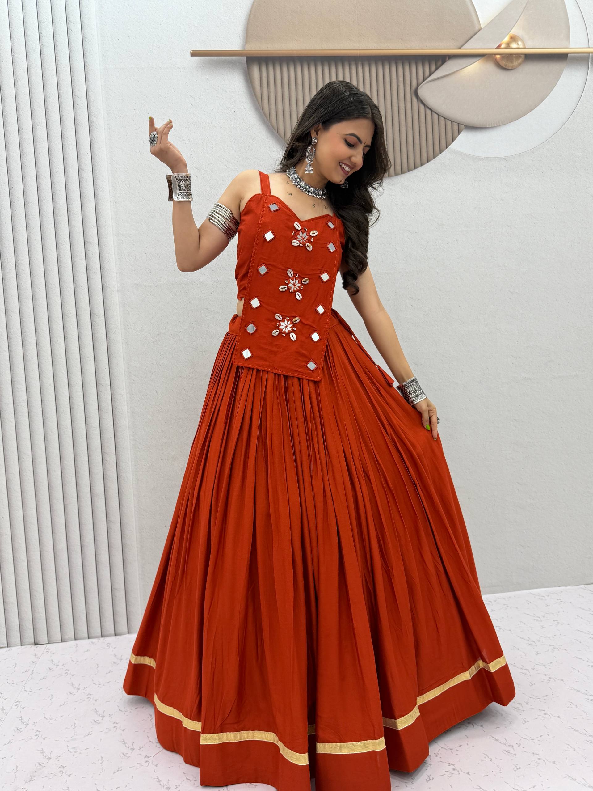 Rust Red Pure Cotton Mirror Work Lehenga Choli Set with 6+ Meter Flair