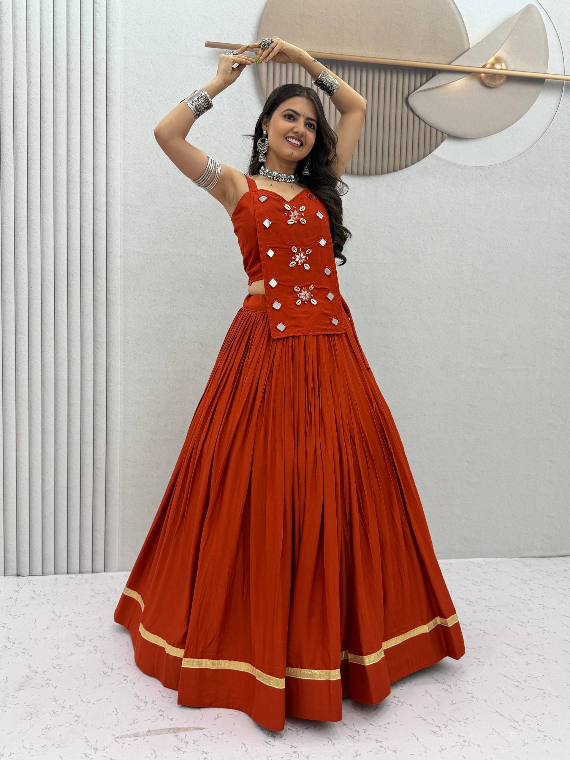 Rust Red Pure Cotton Mirror Work Lehenga Choli Set with 6+ Meter Flair