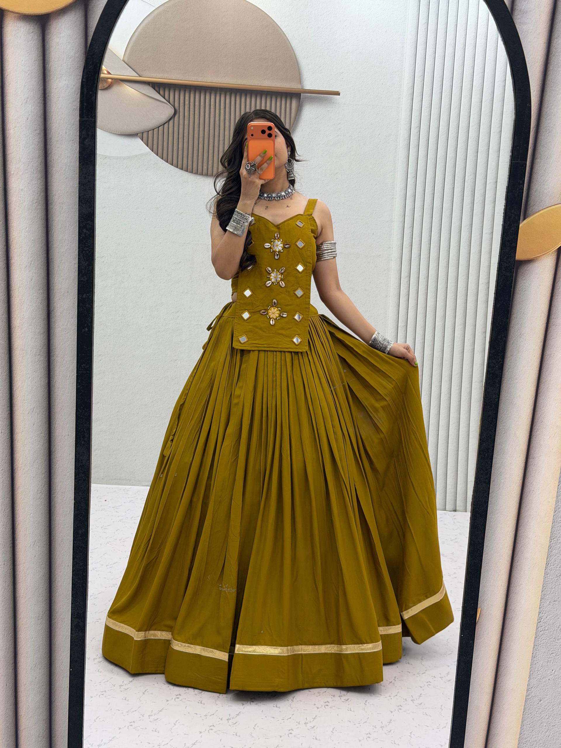 Mustard Yellow Pure Cotton Mirror Work Lehenga Choli Set with 6+ Meter Flair
