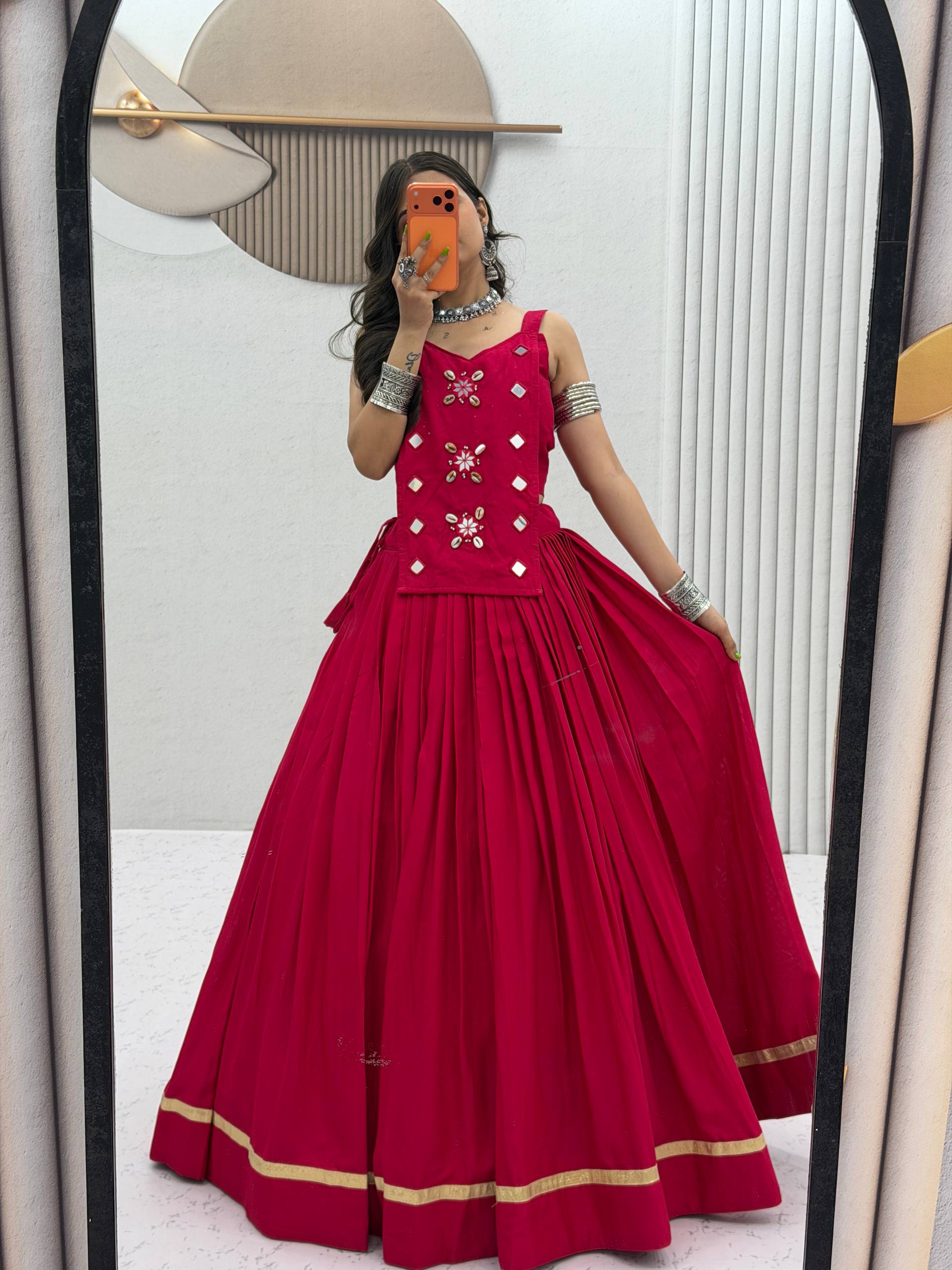 Hot Pink Pure Cotton Mirror Work Lehenga Choli Set with 6+ Meter Flair