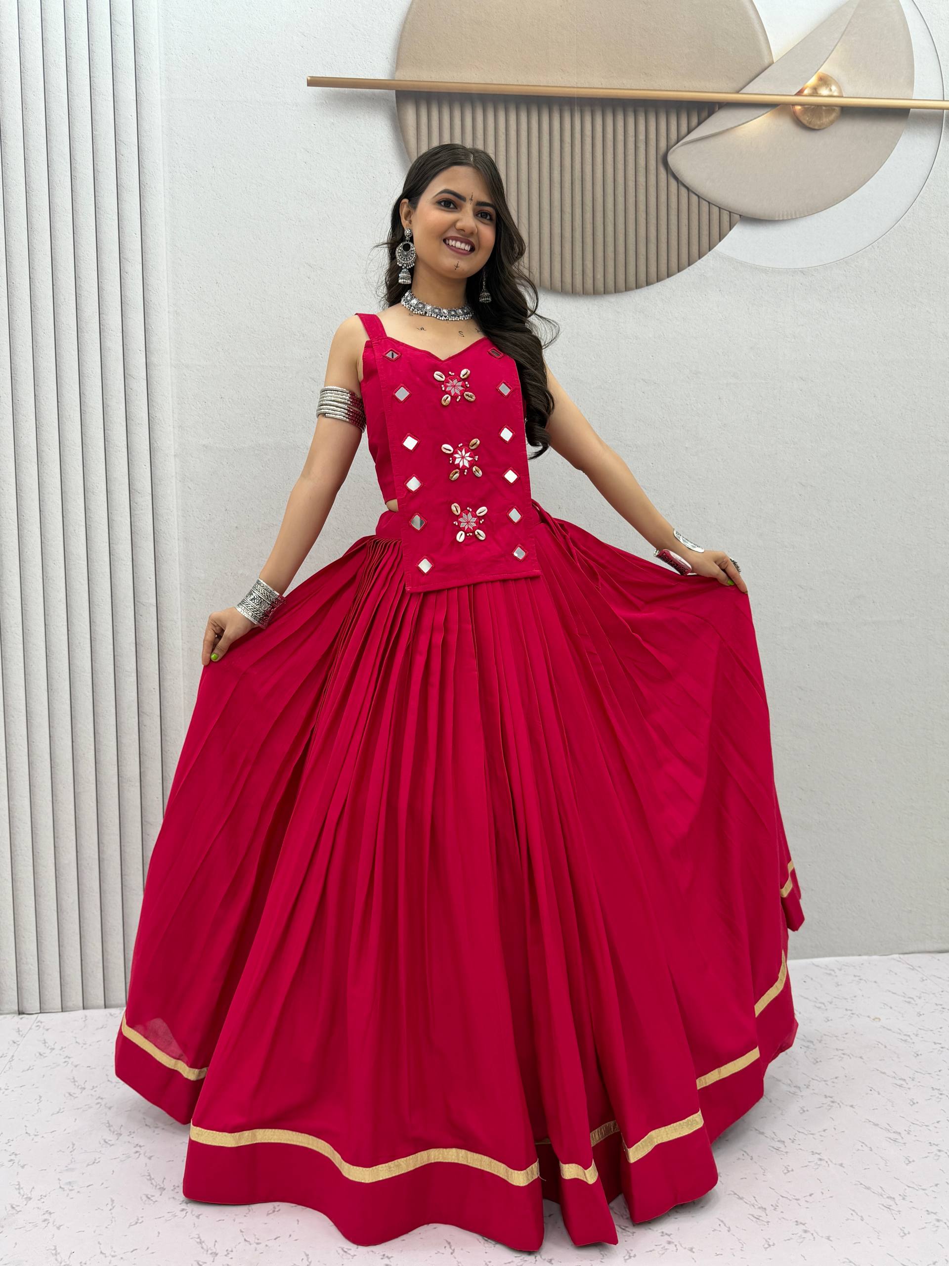 Hot Pink Pure Cotton Mirror Work Lehenga Choli Set with 6+ Meter Flair