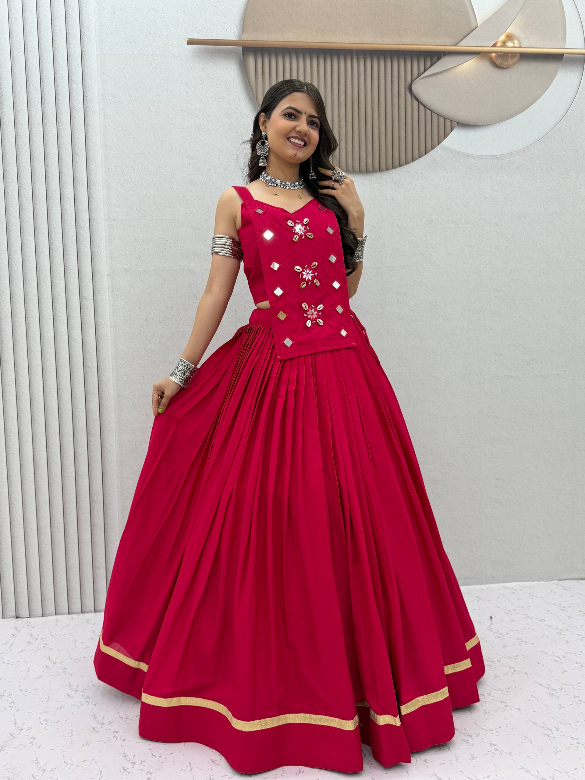 Hot Pink Pure Cotton Mirror Work Lehenga Choli Set with 6+ Meter Flair