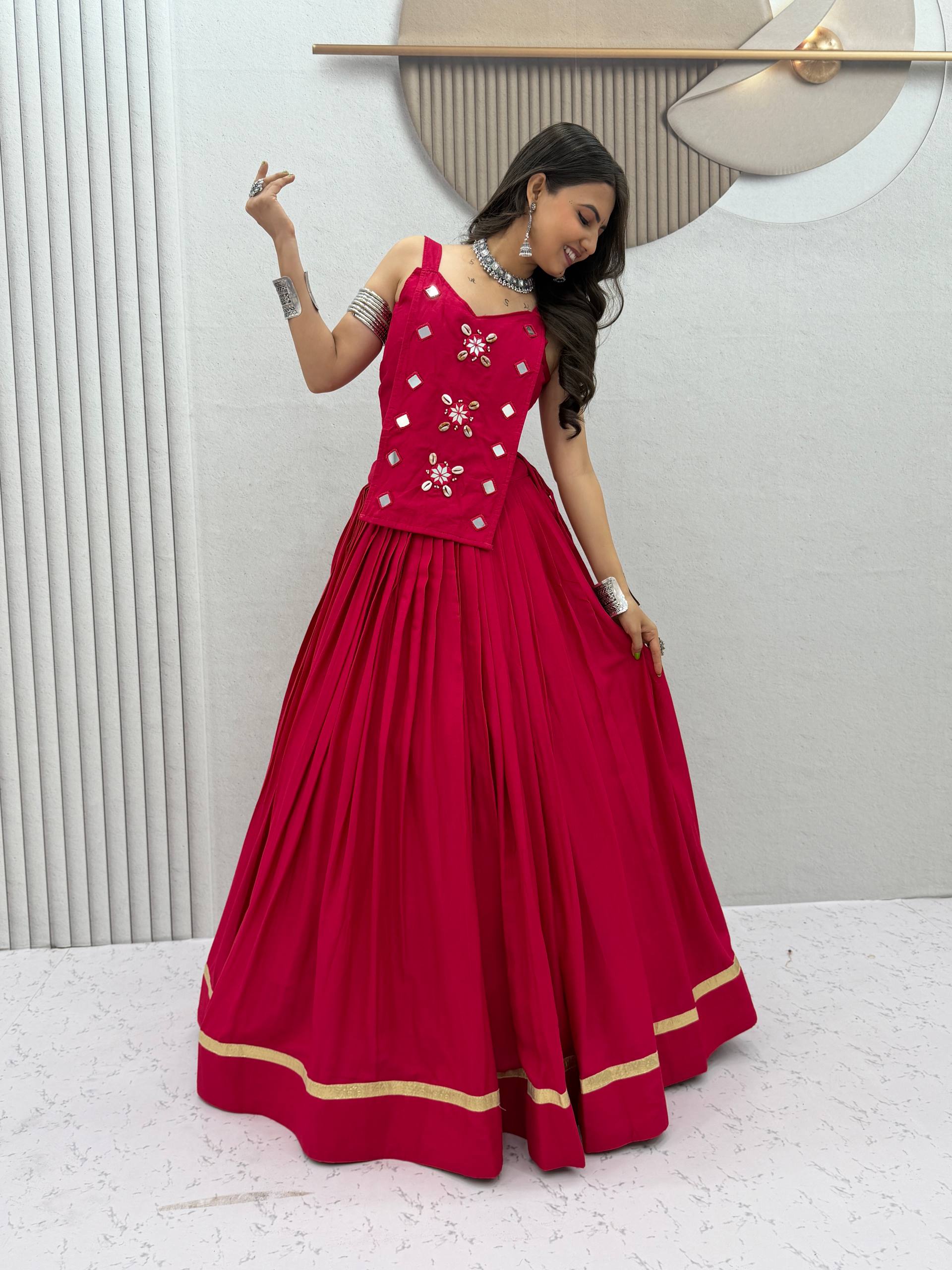 Hot Pink Pure Cotton Mirror Work Lehenga Choli Set with 6+ Meter Flair