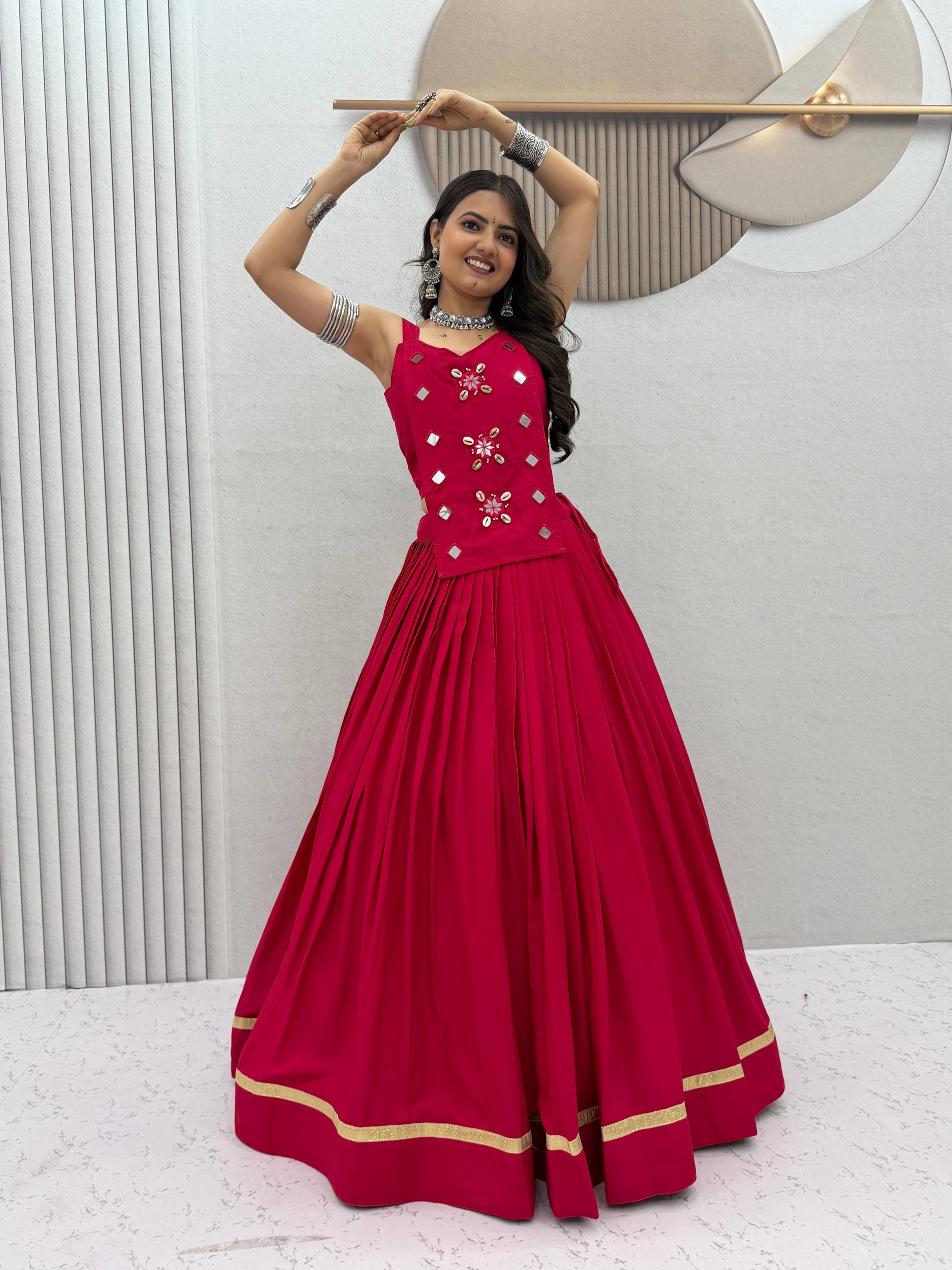 Hot Pink Pure Cotton Mirror Work Lehenga Choli Set with 6+ Meter Flair