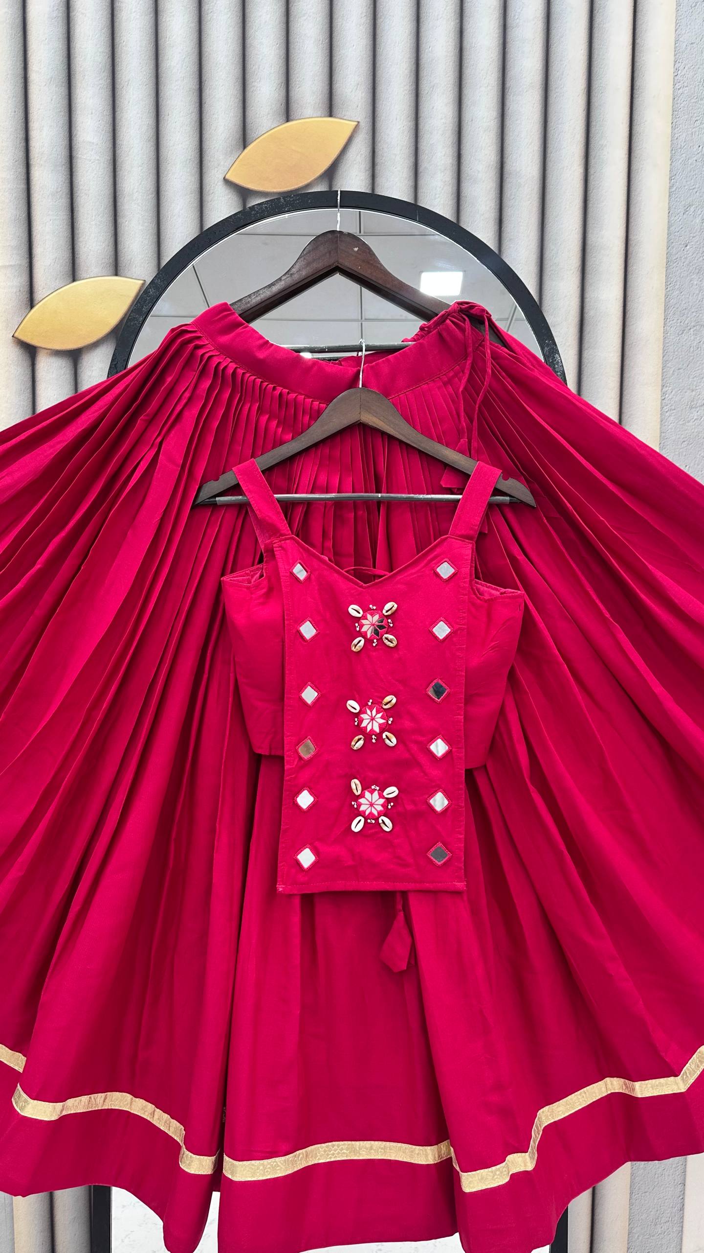 Hot Pink Pure Cotton Mirror Work Lehenga Choli Set with 6+ Meter Flair