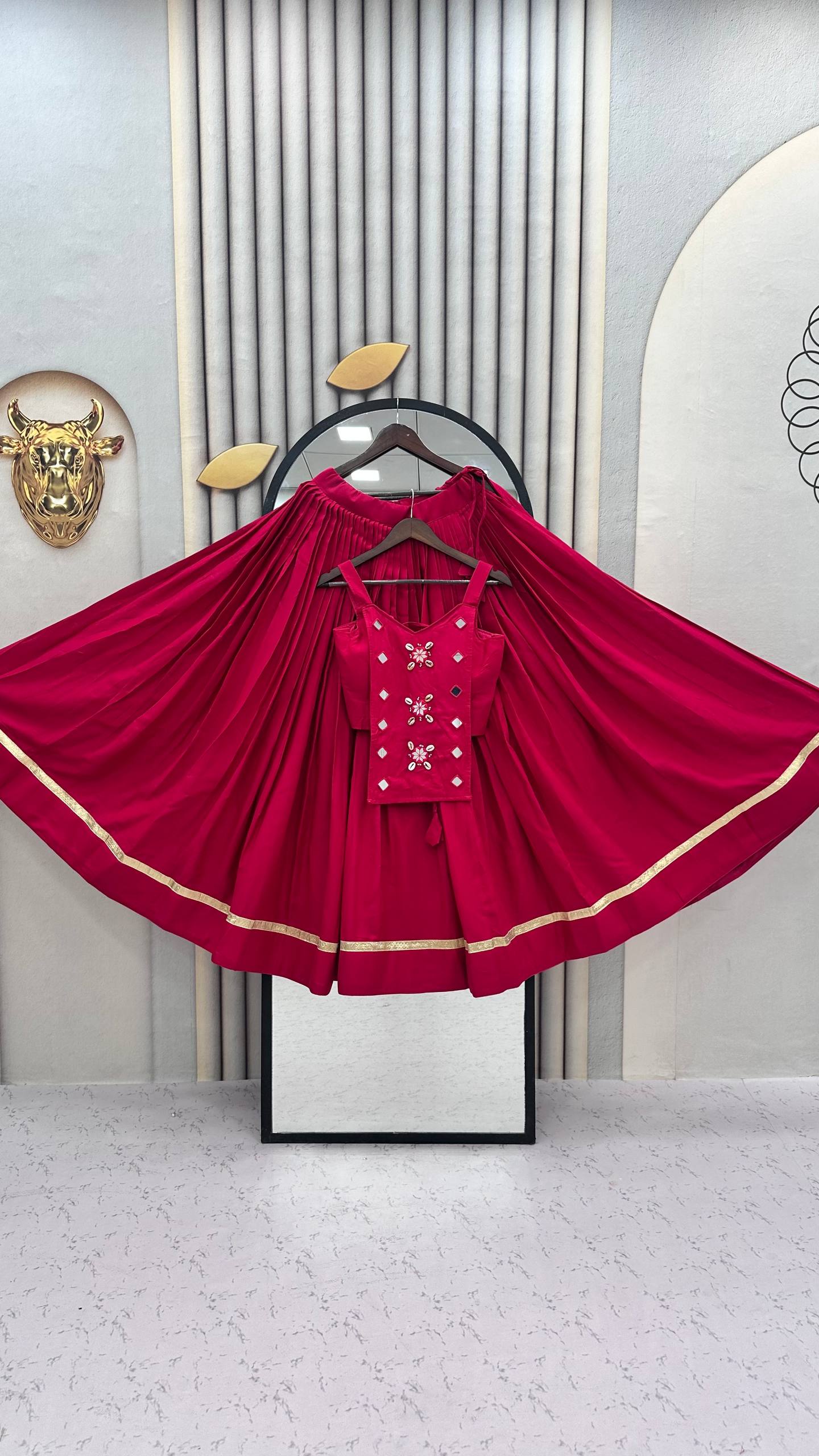 Hot Pink Pure Cotton Mirror Work Lehenga Choli Set with 6+ Meter Flair