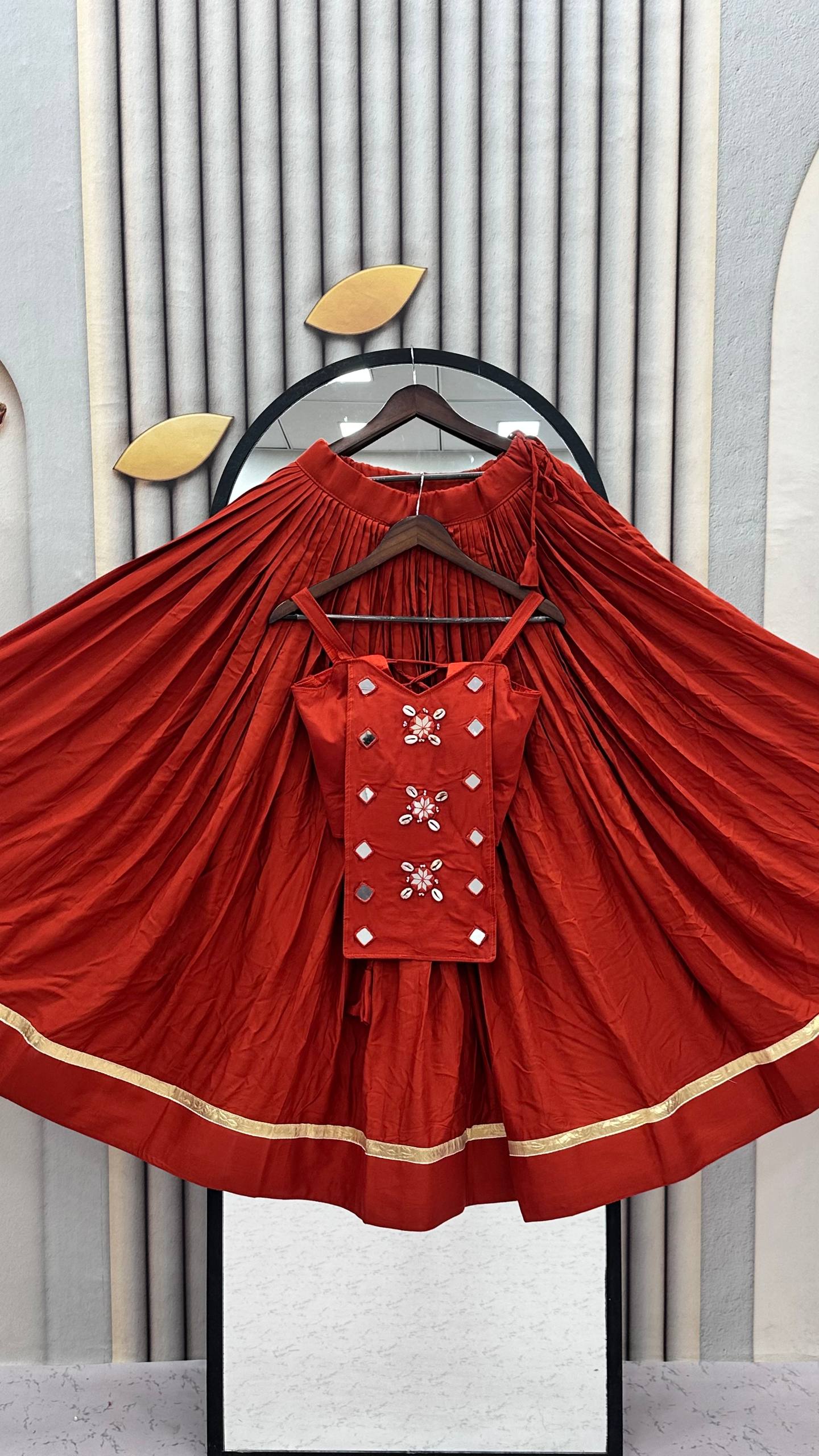 Rust Red Pure Cotton Mirror Work Lehenga Choli Set with 6+ Meter Flair