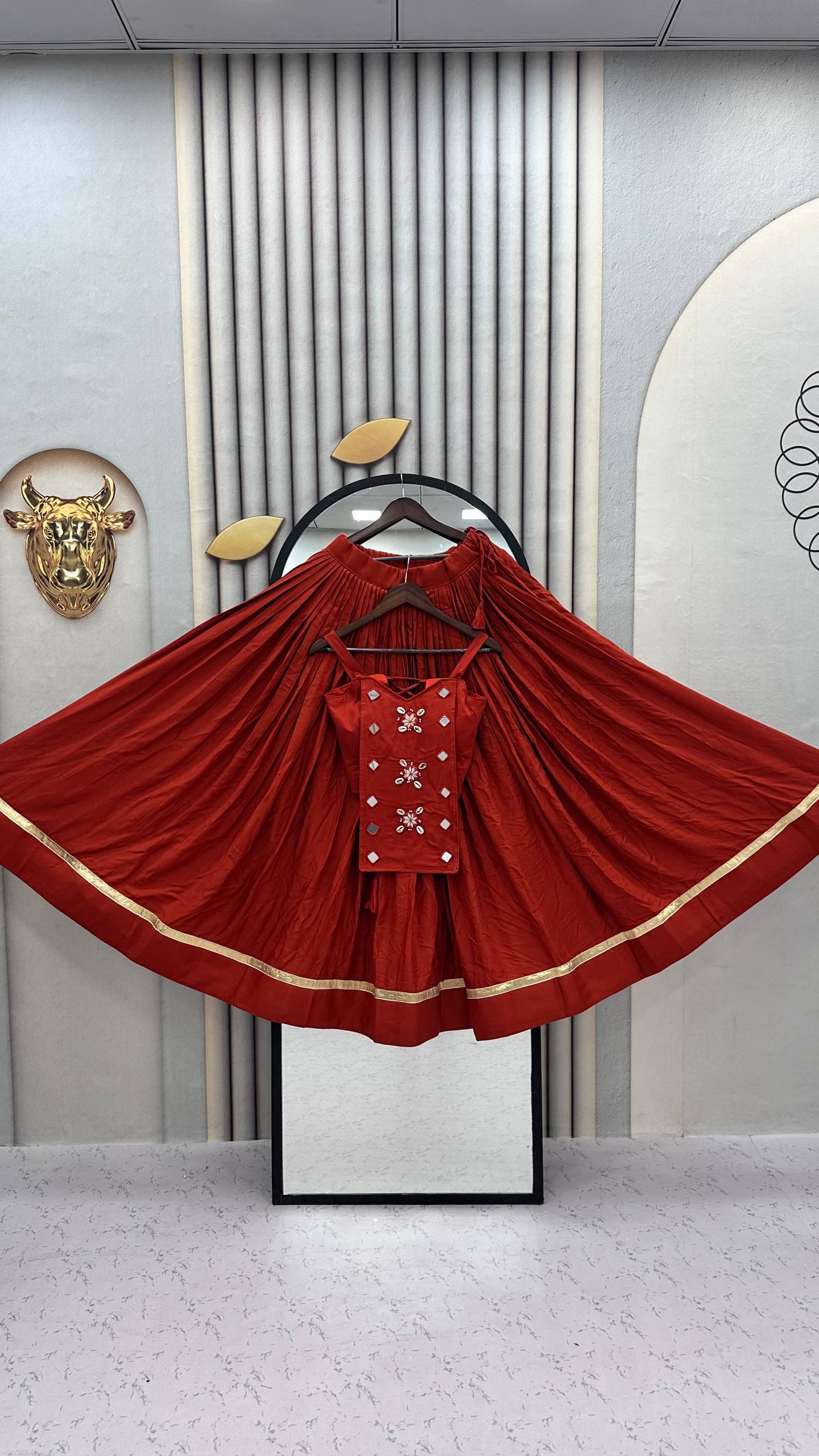 Rust Red Pure Cotton Mirror Work Lehenga Choli Set with 6+ Meter Flair
