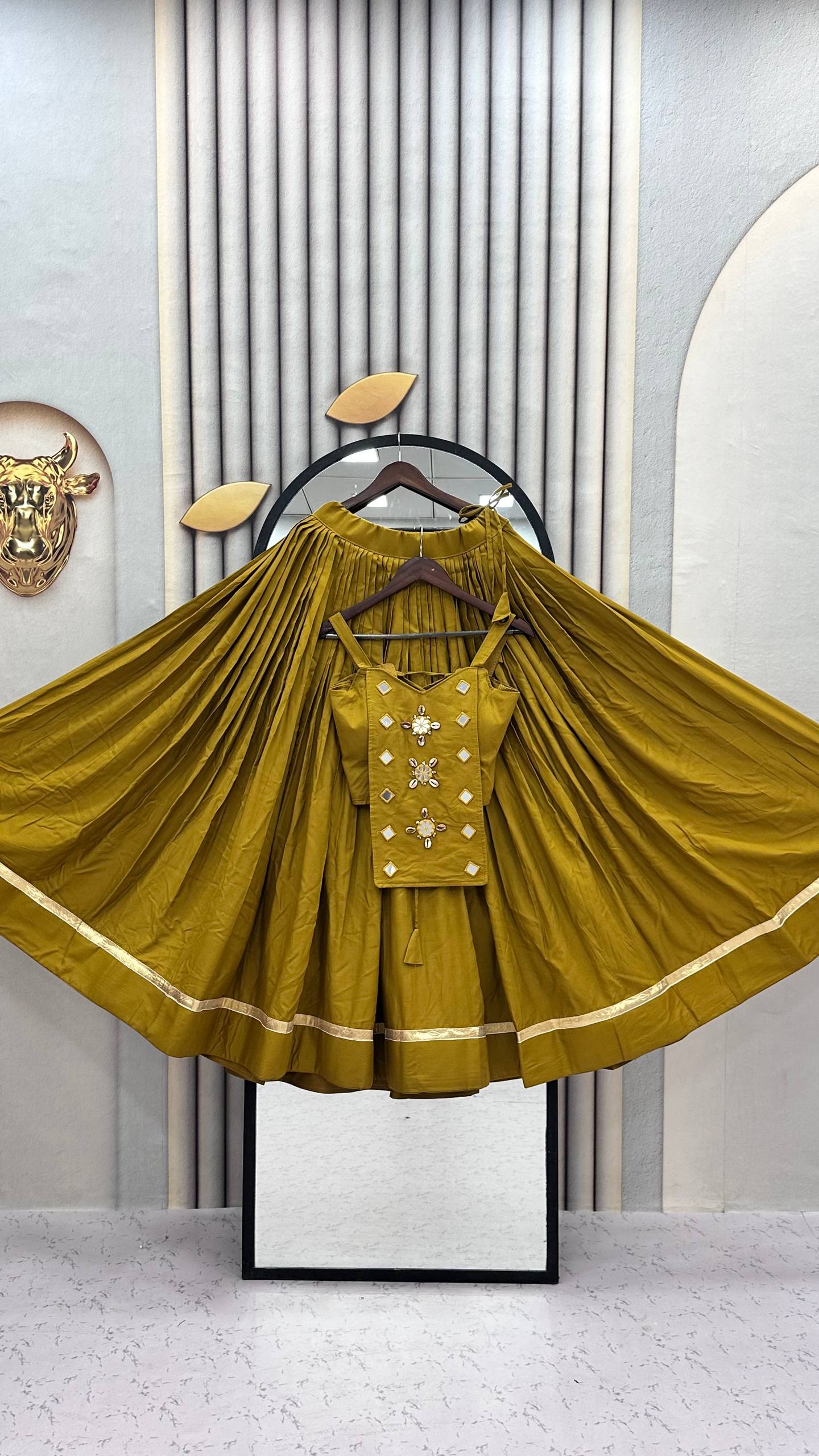 Mustard Yellow Pure Cotton Mirror Work Lehenga Choli Set with 6+ Meter Flair