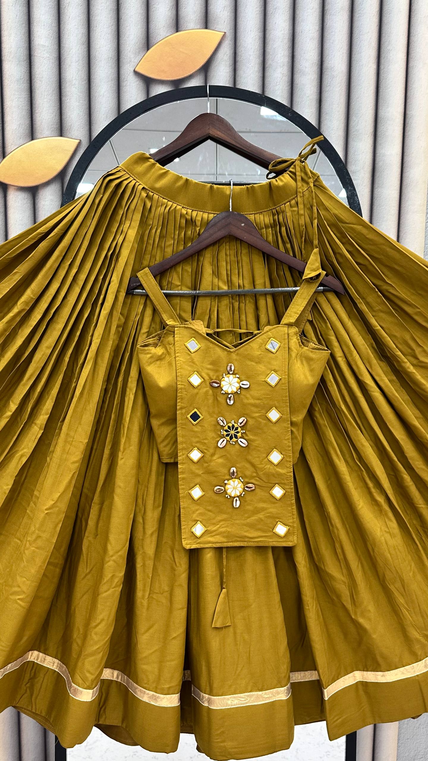 Mustard Yellow Pure Cotton Mirror Work Lehenga Choli Set with 6+ Meter Flair