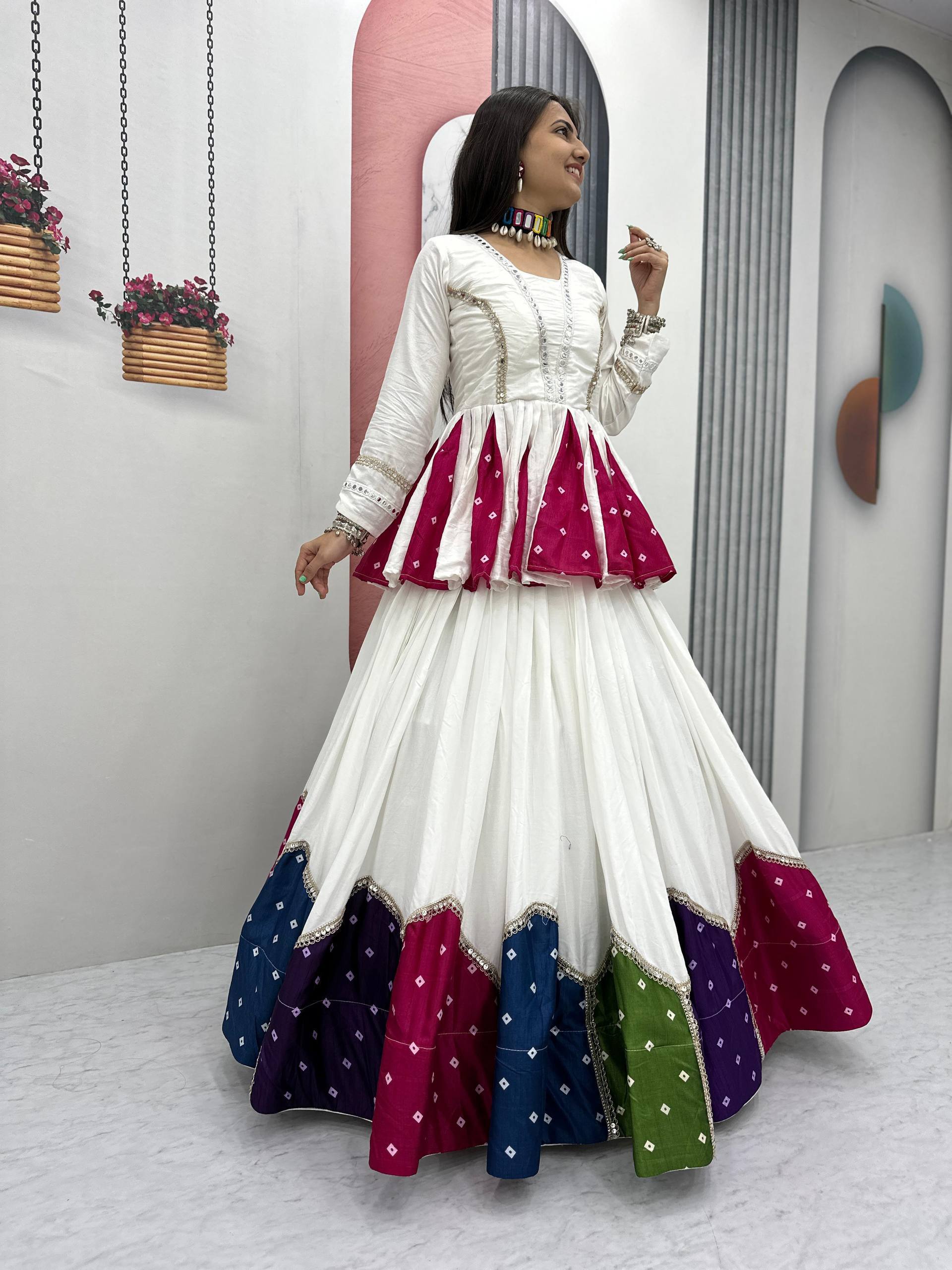 White Multicolor Pure Cotton 6 Meter Flair Kediyu Lehenga Set