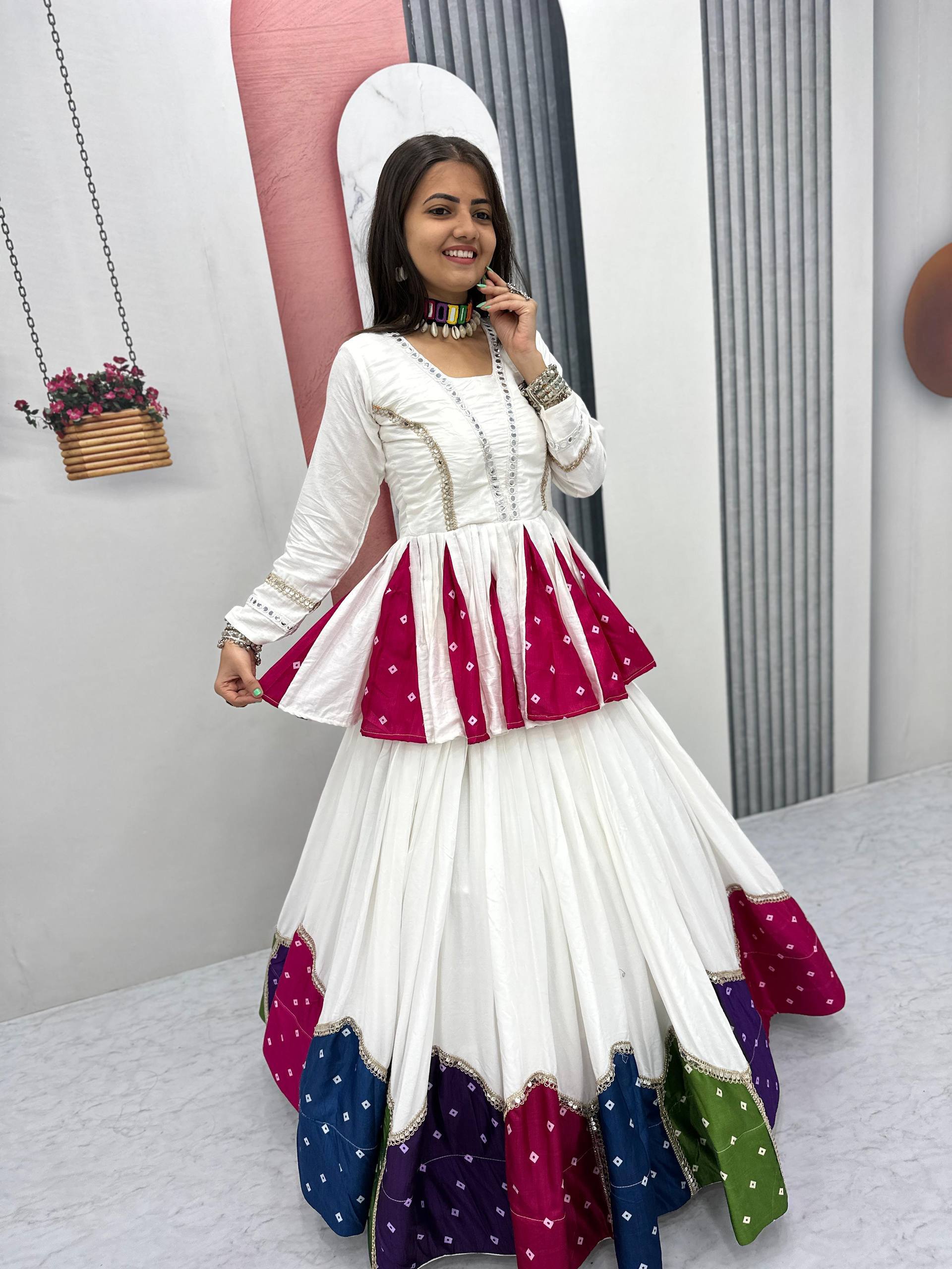 White Multicolor Pure Cotton 6 Meter Flair Kediyu Lehenga Set