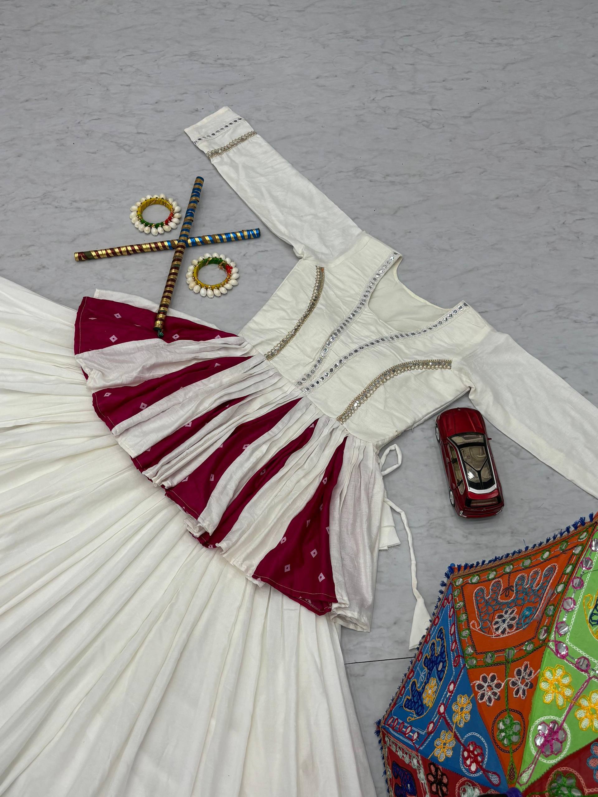 White Multicolor Pure Cotton 6 Meter Flair Kediyu Lehenga Set