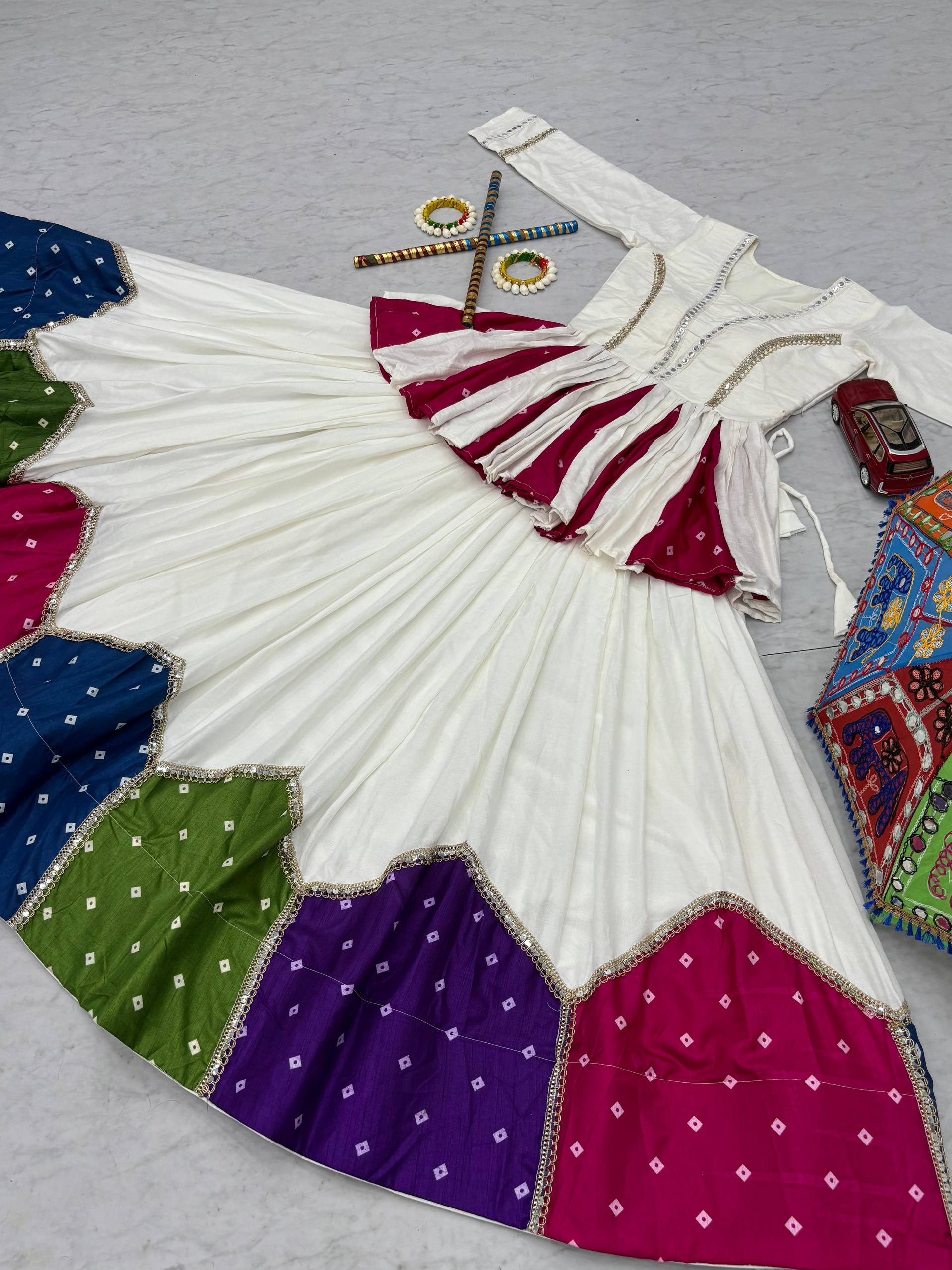 White Multicolor Pure Cotton 6 Meter Flair Kediyu Lehenga Set