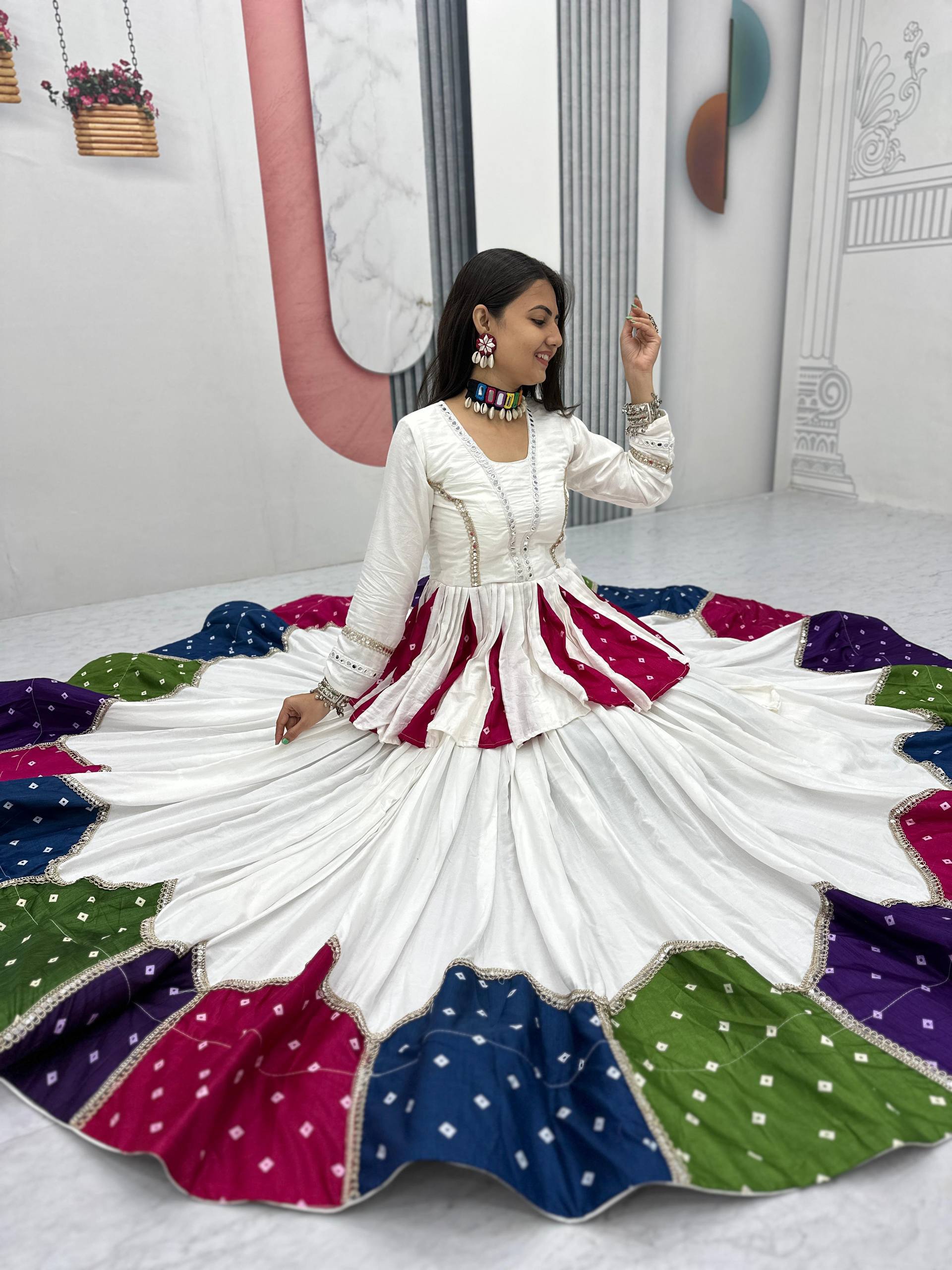 White Multicolor Pure Cotton 6 Meter Flair Kediyu Lehenga Set