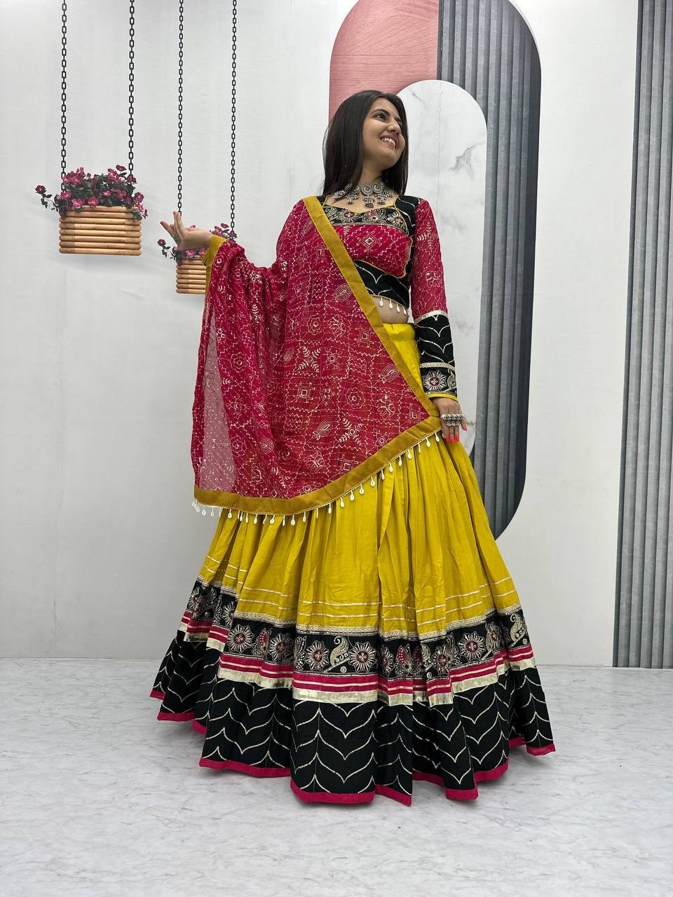 Mustard Yellow, Black & Rani Pink Riyon Cotton Navratri Lehenga Choli with Embroidered Dupatta
