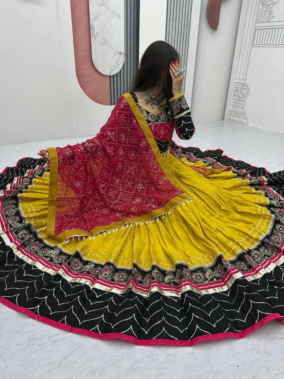 Mustard Yellow, Black & Rani Pink Riyon Cotton Navratri Lehenga Choli with Embroidered Dupatta