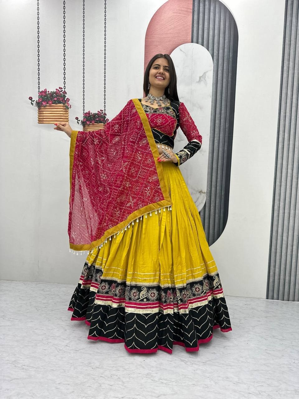 Mustard Yellow, Black & Rani Pink Riyon Cotton Navratri Lehenga Choli with Embroidered Dupatta