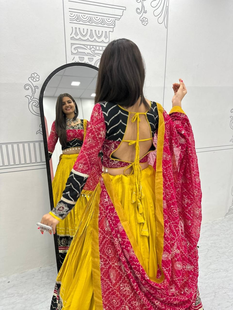 Mustard Yellow, Black & Rani Pink Riyon Cotton Navratri Lehenga Choli with Embroidered Dupatta