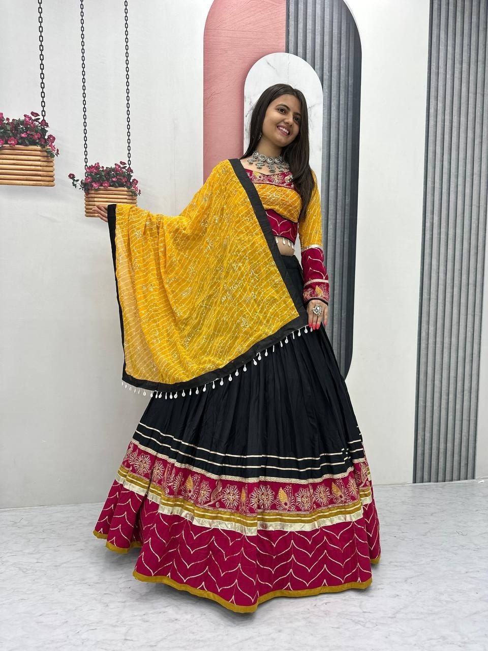 Black, Mustard Yellow & Wine Riyon Cotton Navratri Lehenga Choli with Embroidered Dupatta