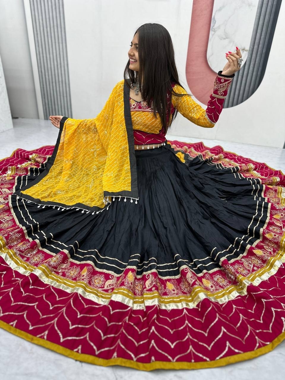 Black, Mustard Yellow & Wine Riyon Cotton Navratri Lehenga Choli with Embroidered Dupatta