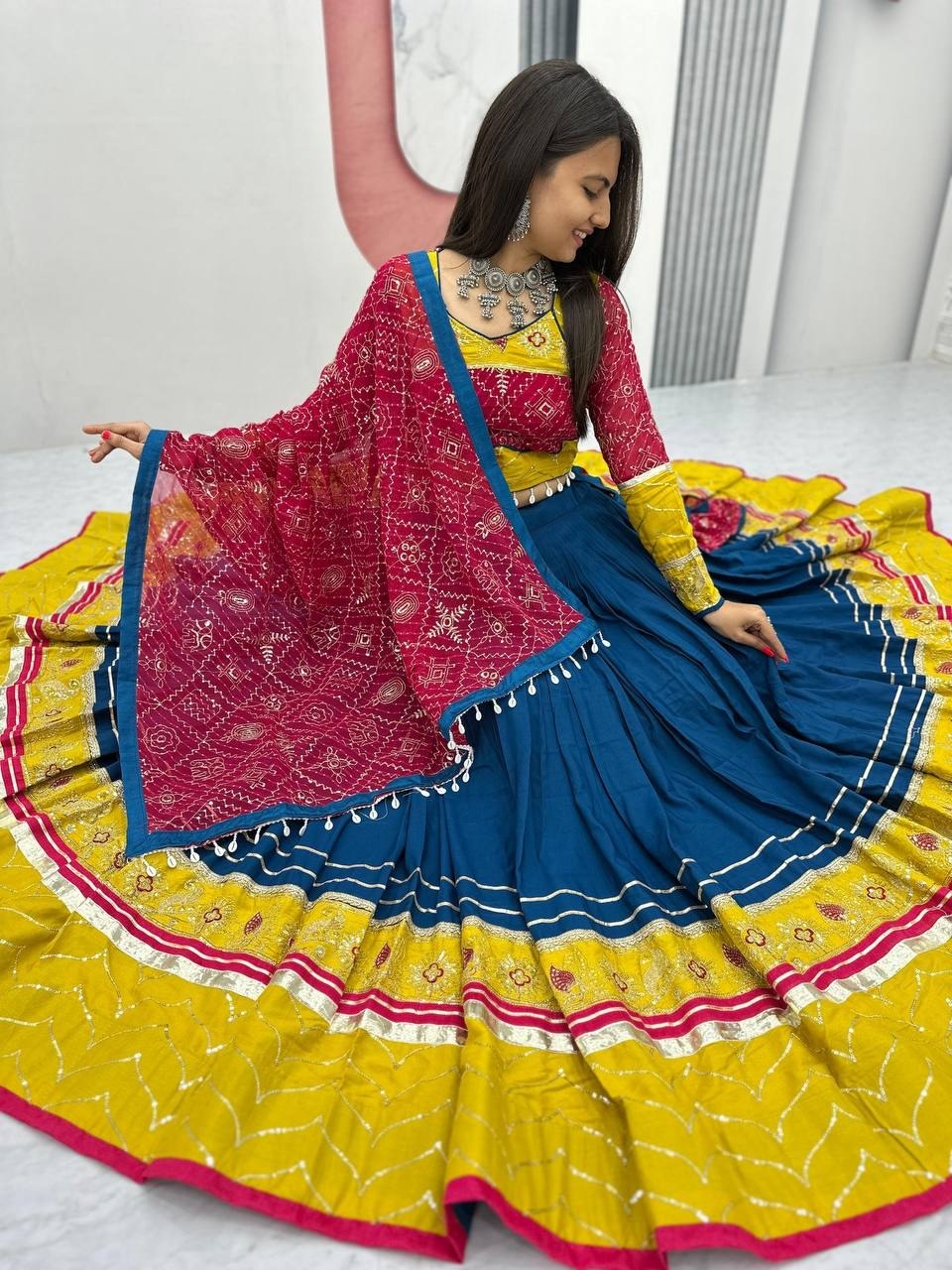 Royal Blue, Mustard Yellow & Rani Pink Riyon Cotton Navratri Lehenga Choli with Embroidered Dupatta