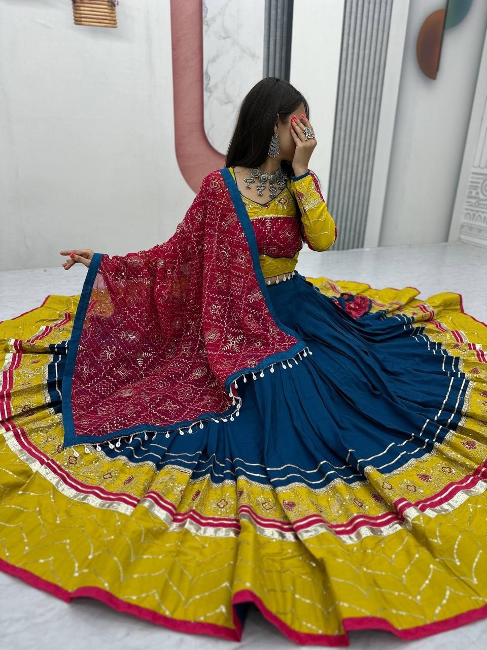 Royal Blue, Mustard Yellow & Rani Pink Riyon Cotton Navratri Lehenga Choli with Embroidered Dupatta