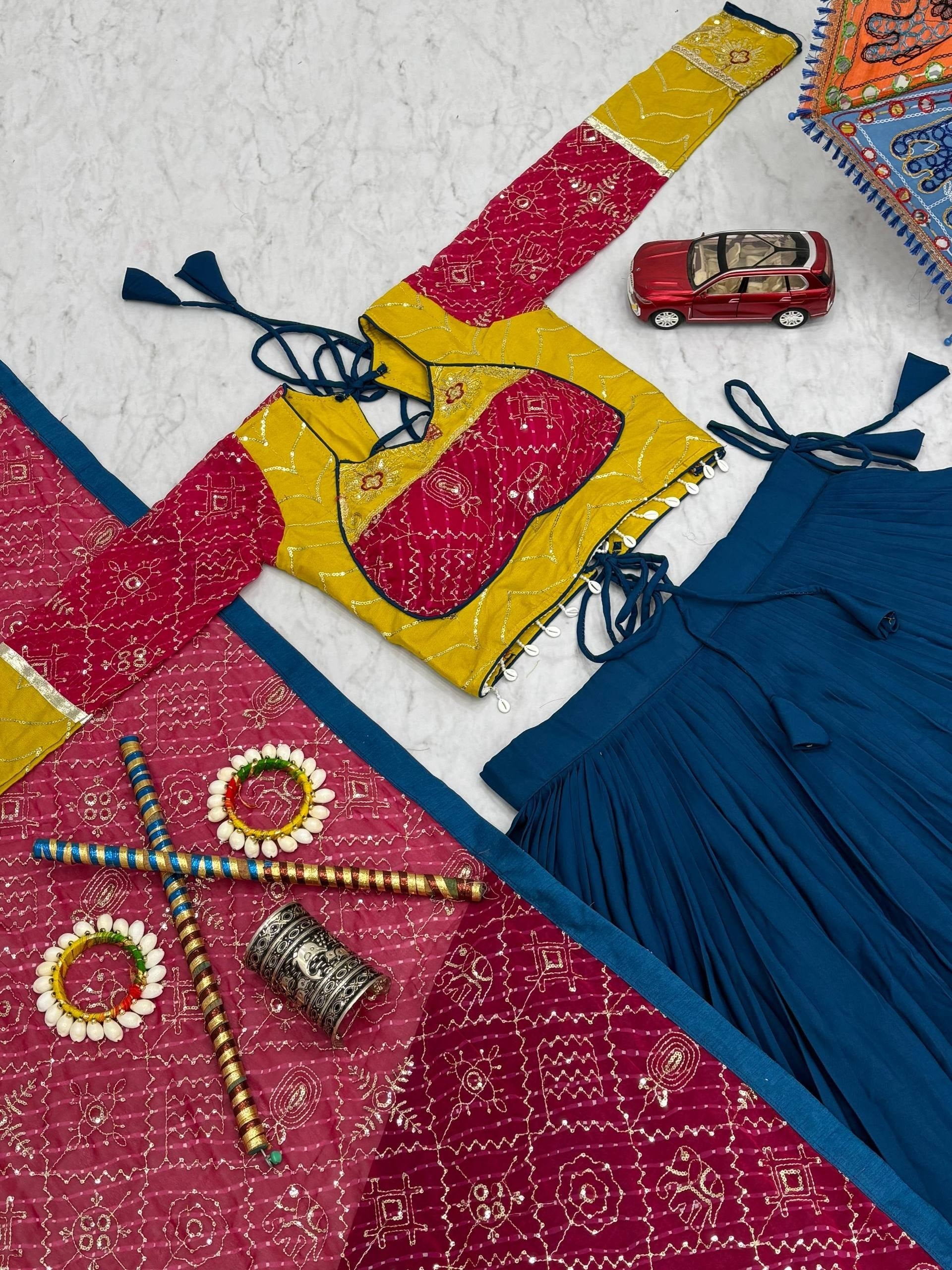 Royal Blue, Mustard Yellow & Rani Pink Riyon Cotton Navratri Lehenga Choli with Embroidered Dupatta