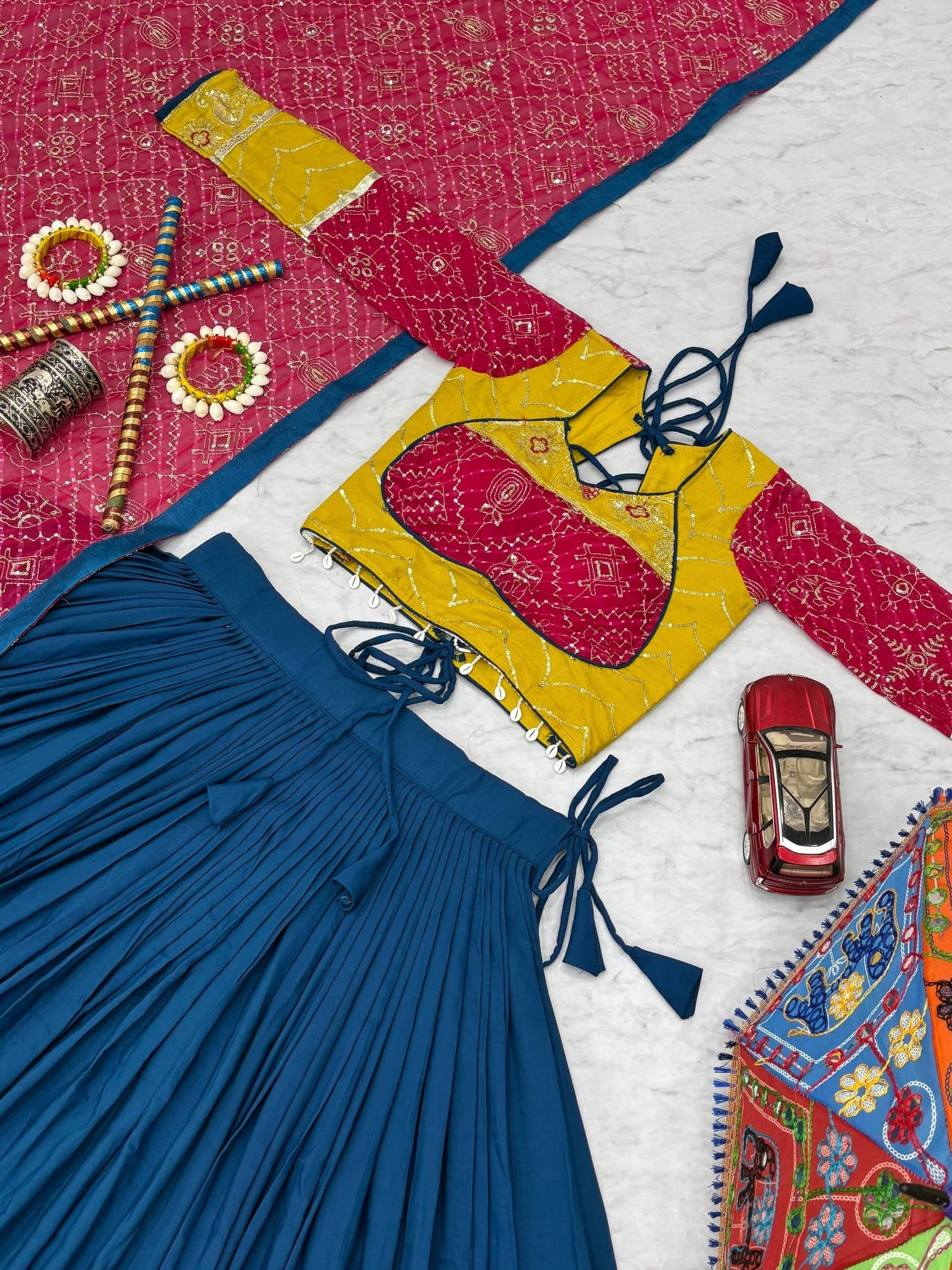 Royal Blue, Mustard Yellow & Rani Pink Riyon Cotton Navratri Lehenga Choli with Embroidered Dupatta