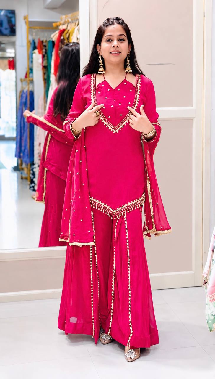 Rani Pink Roman Glass Palazzo Suit with Real Mirror Work & Chanderi Silk Dupatta