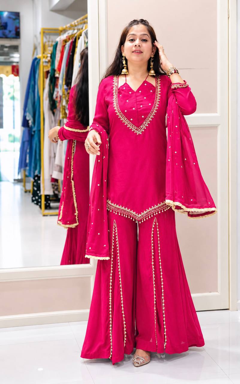 Rani Pink Roman Glass Palazzo Suit with Real Mirror Work & Chanderi Silk Dupatta
