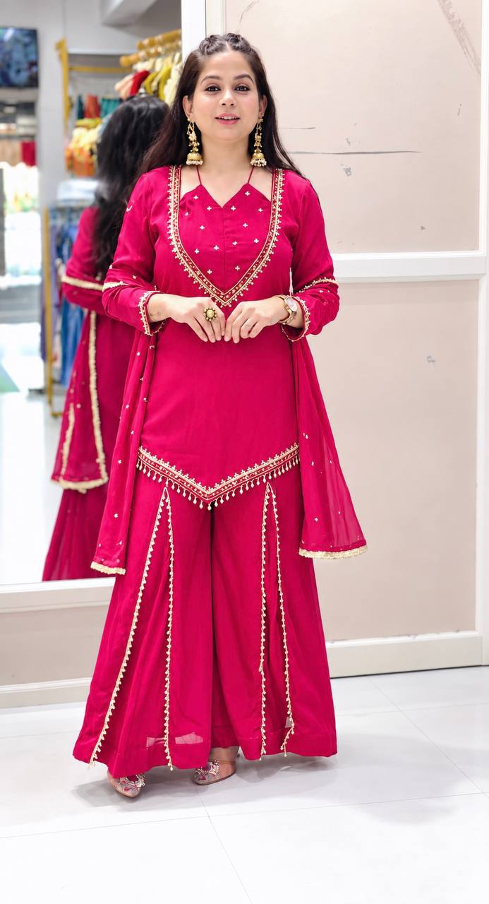 Rani Pink Roman Glass Palazzo Suit with Real Mirror Work & Chanderi Silk Dupatta