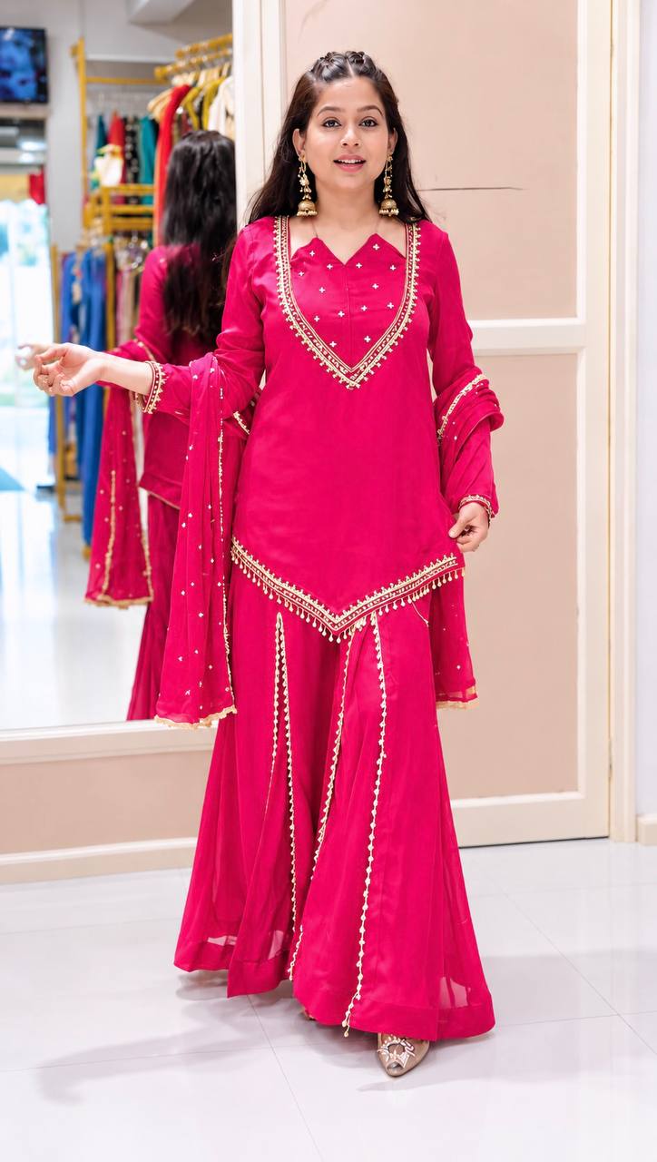 Rani Pink Roman Glass Palazzo Suit with Real Mirror Work & Chanderi Silk Dupatta