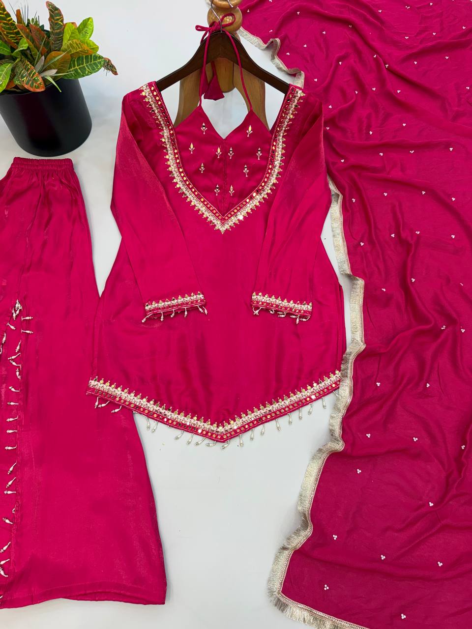 Rani Pink Roman Glass Palazzo Suit with Real Mirror Work & Chanderi Silk Dupatta