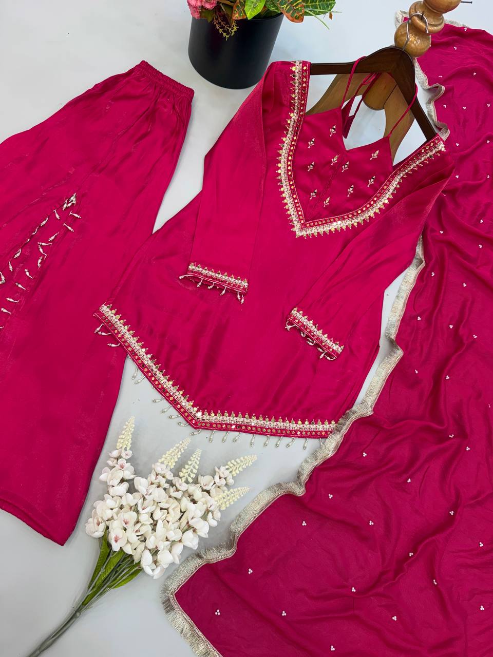 Rani Pink Roman Glass Palazzo Suit with Real Mirror Work & Chanderi Silk Dupatta