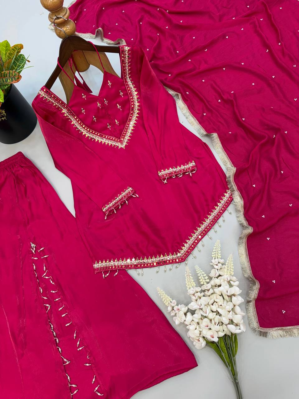 Rani Pink Roman Glass Palazzo Suit with Real Mirror Work & Chanderi Silk Dupatta