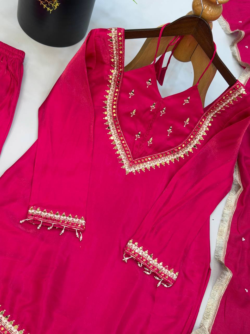 Rani Pink Roman Glass Palazzo Suit with Real Mirror Work & Chanderi Silk Dupatta