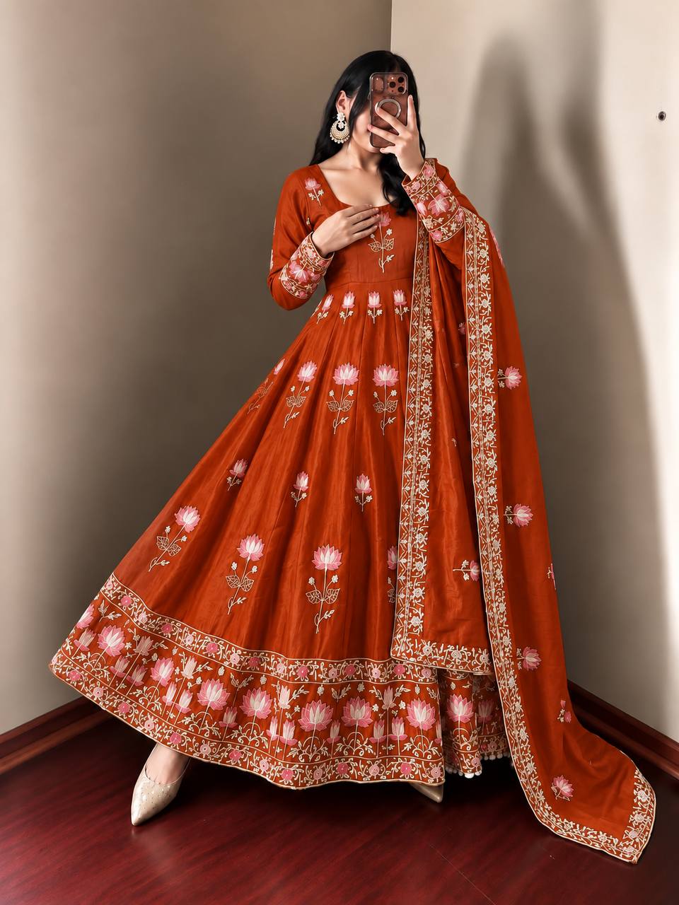 Rust Orange Fendy Silk Floral Embroidered Anarkali Gown Set with Dupatta