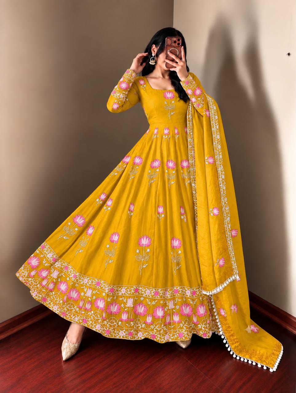 Mustard Yellow Fendy Silk Embroidered Anarkali Gown Set with Dupatta