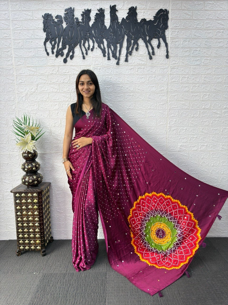 Wine Purple Japan Satin Printed Saree with Real Mirror Work & Mandala Border