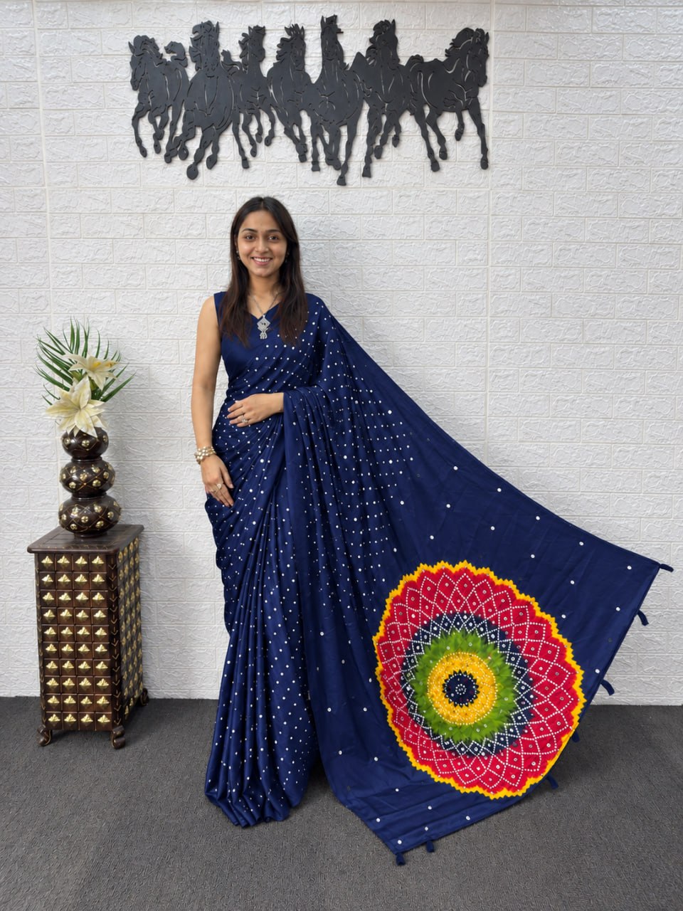 Navy Blue Japan Satin Printed Saree with Real Mirror Work & Mandala Border