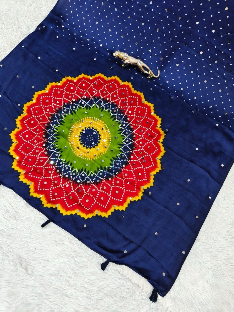 Navy Blue Japan Satin Printed Saree with Real Mirror Work & Mandala Border