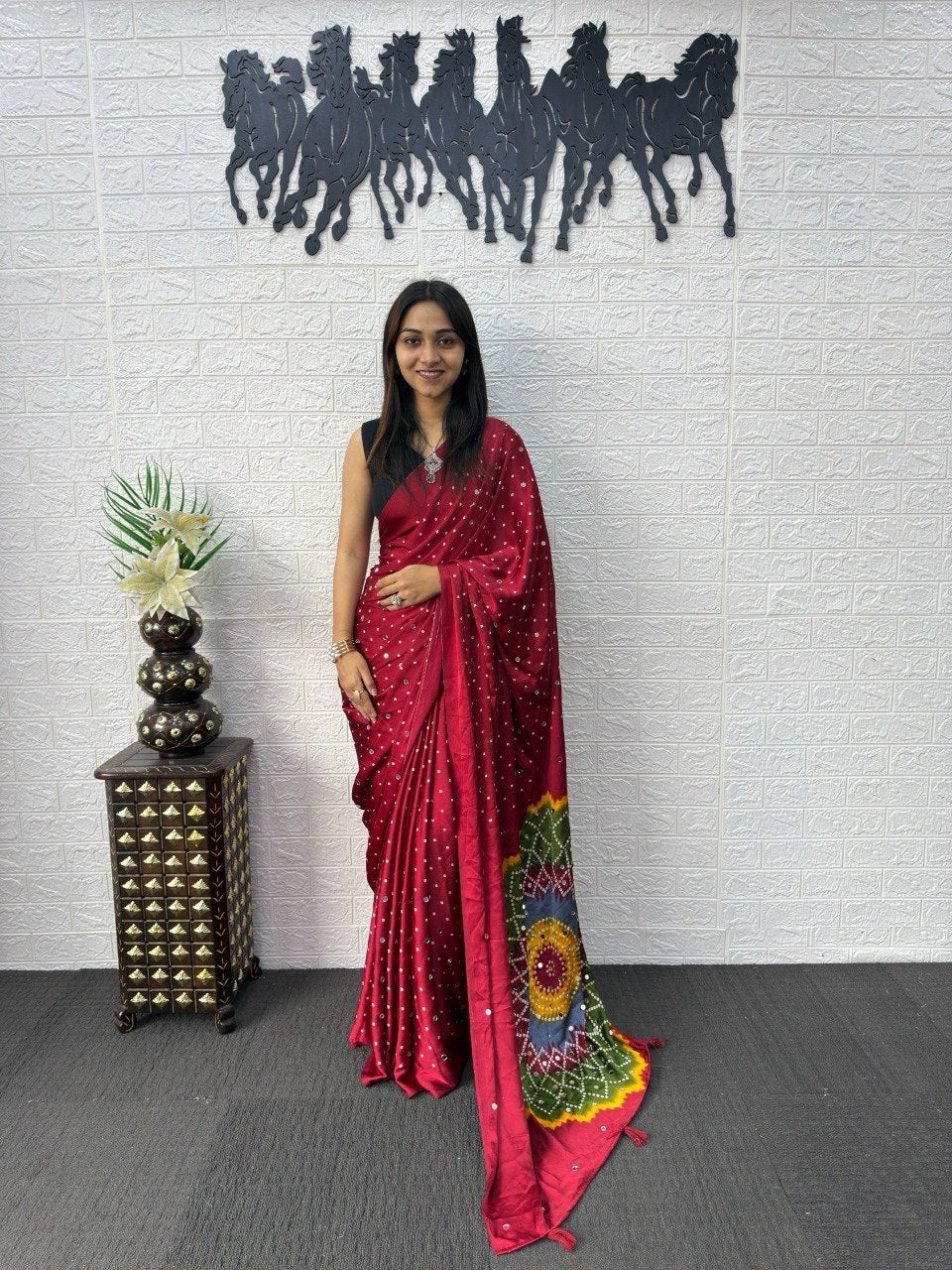 Red Japan Satin Mirror Work Saree with Multicolor Mandala Design