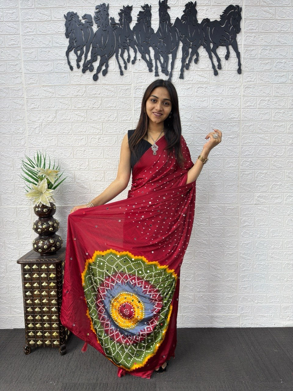 Red Japan Satin Mirror Work Saree with Multicolor Mandala Design