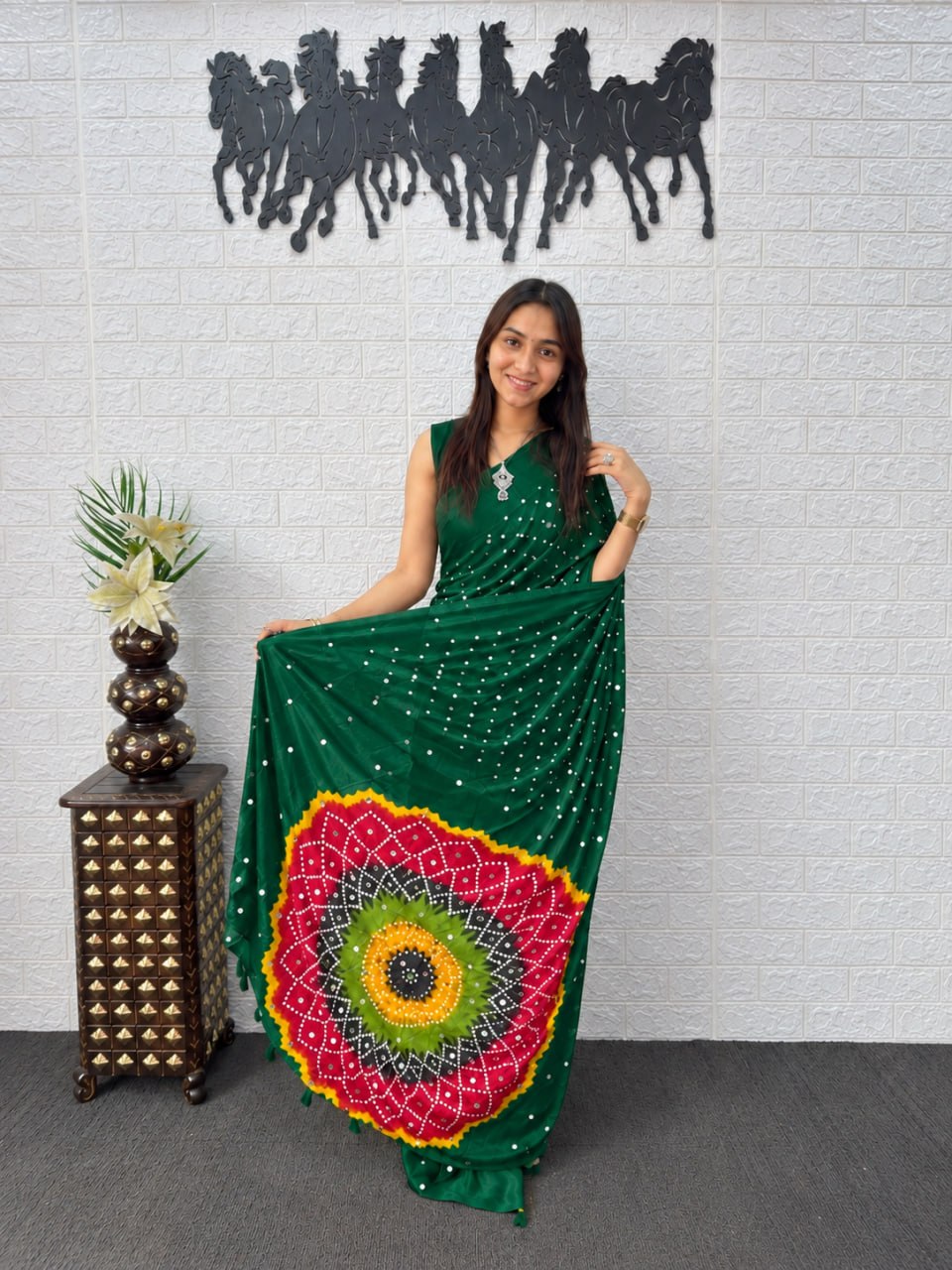 Bottle Green Japan Satin Mirror Work Saree with Multicolor Mandala Design